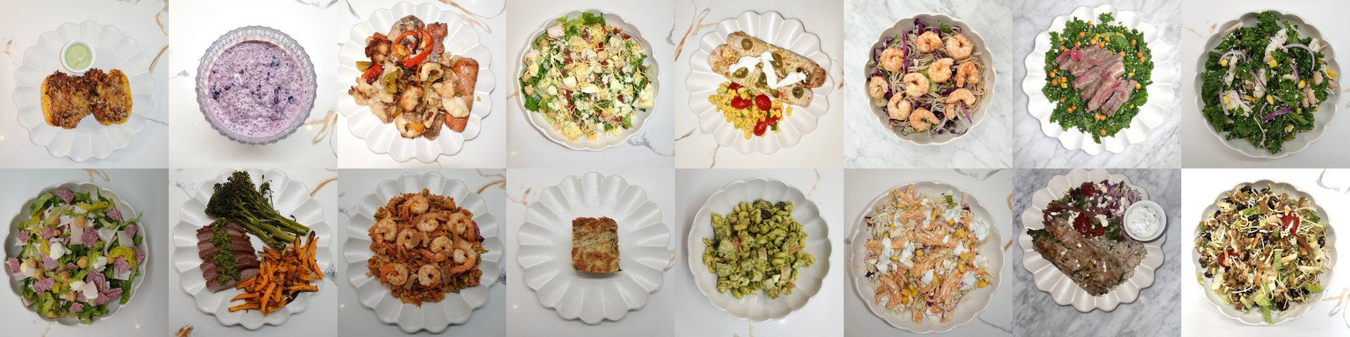 Collage of Bite Society meals: stuffed peppers, chia pudding, sausage and peppers, chopped salad, enchiladas, shrimp soba, steak kale salad and chicken kale bowl